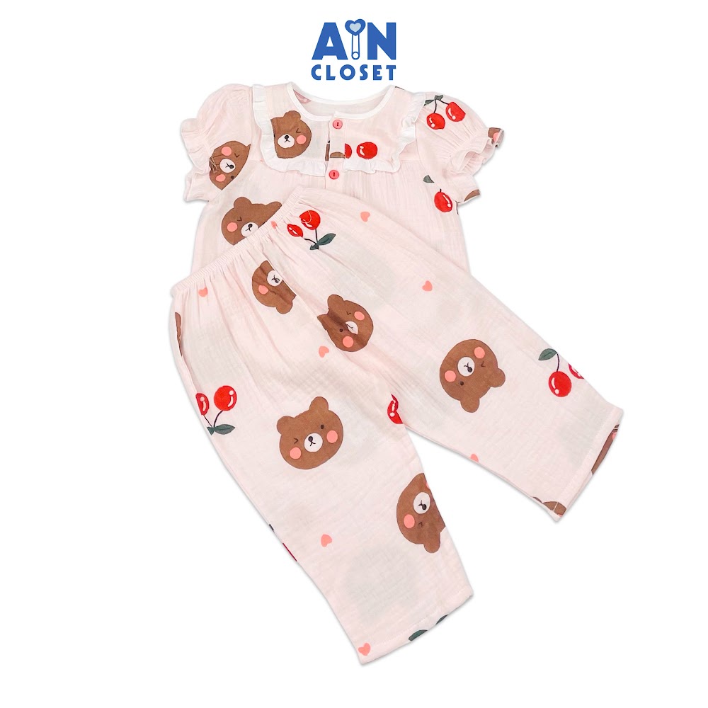 Bộ quần áo dài tay ngắn bé gái họa tiết Cherry Gấu hồng xô muslin - AICDBTPCNMCQ - AIN Closet