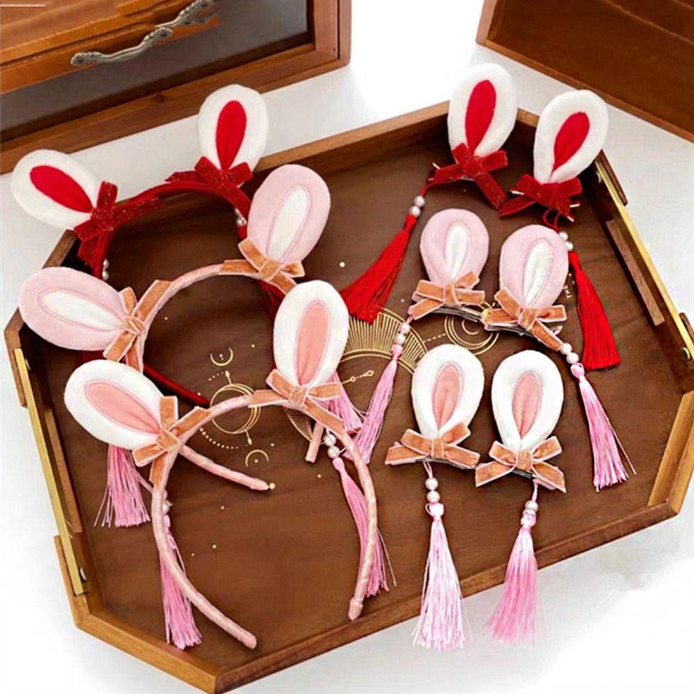 Băng Đô Cài Tóc Đính Chuông Và Tai Thỏ Phối Tua Rua Dễ Thương Cho Nữ