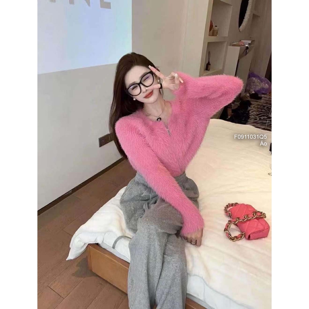 Áo len lông croptop kéo khóa tay dài hàng QC