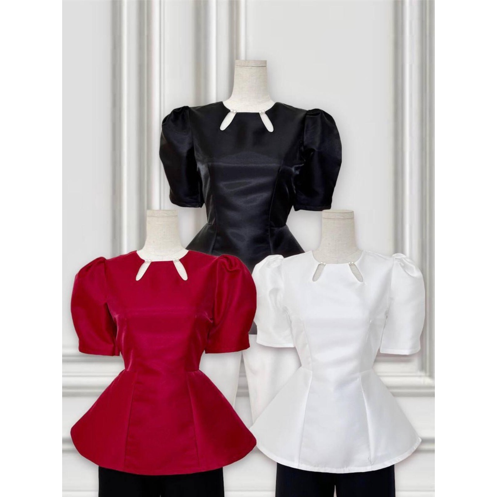 Áo peplum cổ tròn khoét giọt nước đính hạt ngọc
