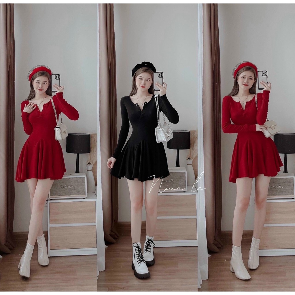 Váy Đầm Nữ Chất Liệu Thun Gân Dài Tay Xếp Ly Đóng Cúc Ngực Màu Sắc Cuốn Hút Thiết Kế Sang Chảnh Đi Làm Công Sở, Dạ Hội