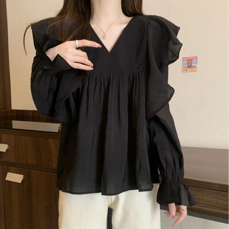 IELGY  Áo Sơ Mi Tay Dài Cổ Chữ V Màu Sắc Đơn Giản Dành Cho Nữ