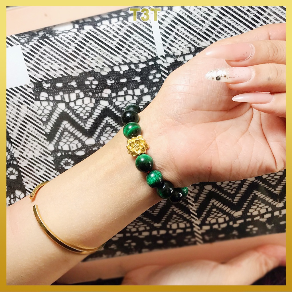 Vòng tay phong thuỷ đá màu xanh lá mix charm Hoa Sen Bạc, Vòng đá đeo tay nam nữ có đủ size và tặng dây dự phòng - T3T