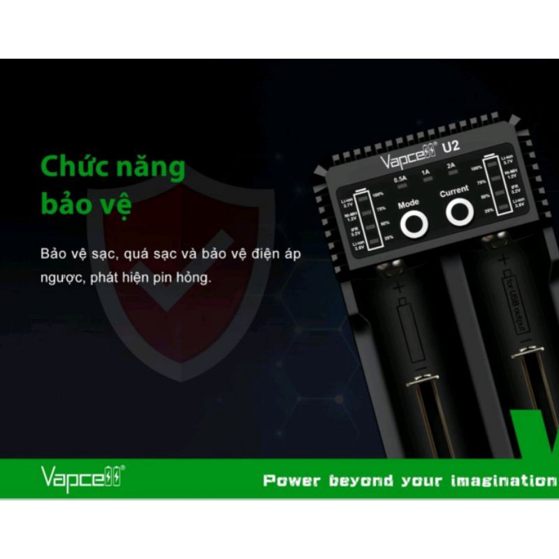 Sạc pin Vapcell U2, sạc được pin Ni-MH, Ni-CD, Li-ion 18650,21700,26650