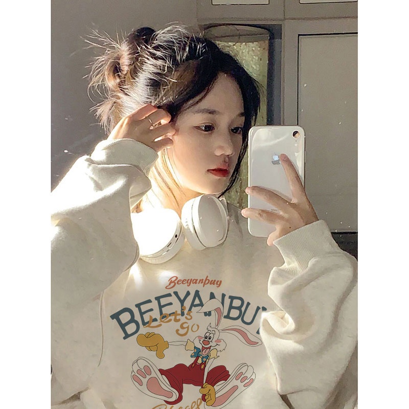 Porozi  Áo sweater Nữ Dáng Rộng Cổ Tròn In Chữ Phong Cách Hàn Quốc