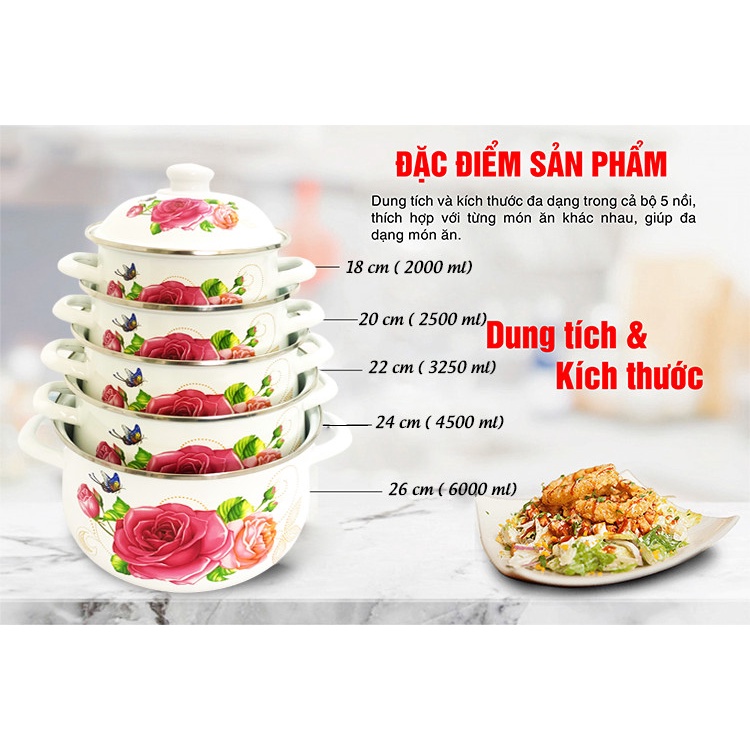 Bộ 5 Nồi Men Sứ Cao Cấp Đa Năng Không Gỉ Không Bong Tróc - Tiện Lợi - Sử Dụng Cho Mọi Loại Bếp