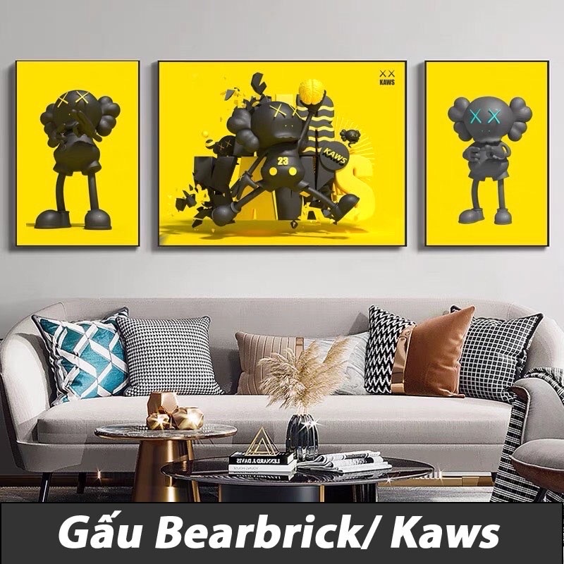 Bộ 3 Tranh Chú Gấu Kaws Bear Brick/ Treo Tương Phòng Khách/ Trang Trí Nhà Cửa/ Tranh Tráng Gương Cao Cấp