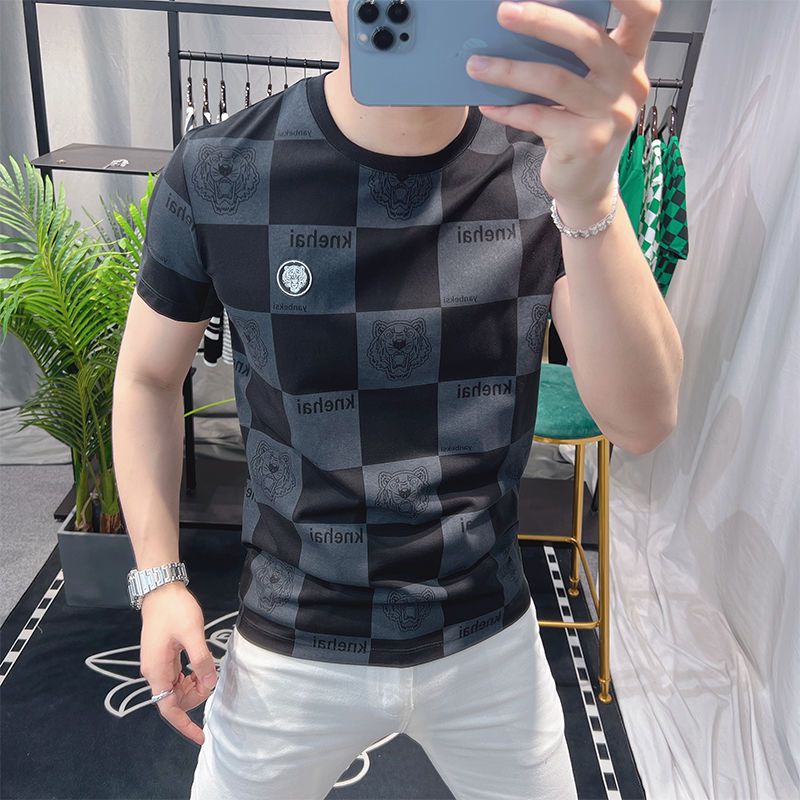 Áo nam Ngắn Tay Cổ Tròn Sọc Caro Thời Trang Hàn Quốc Mới