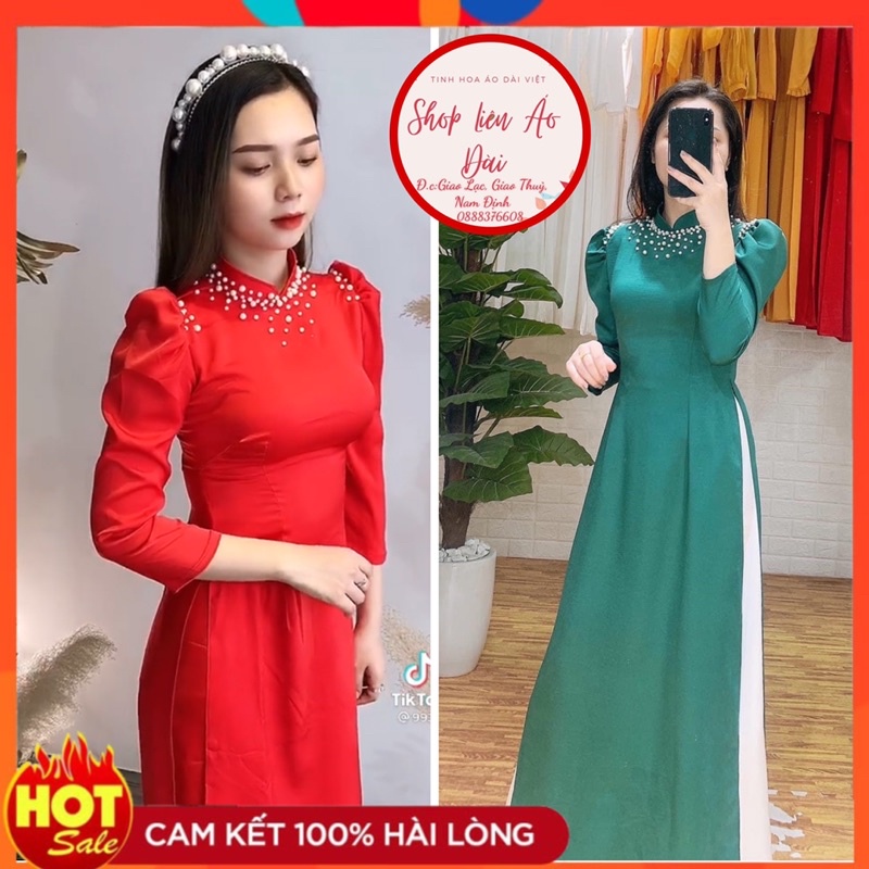 Áo dài vàng đồng thiết kế kiểu tay lỡ, ,cổ tròn đính bông hoa xinh, chất vải lụa tây thi mềm mại, co giãn tốt
