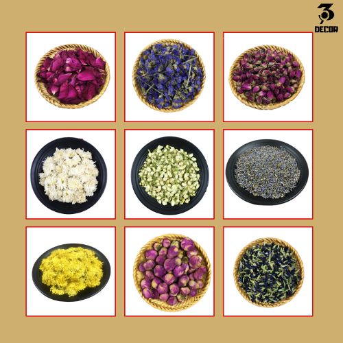 Hoa khô 10G - 50G làm nến thơm trang trí decor hoa hồng, hoa lavender/oải hương hoa lưu ly cánh hồng lài nụ
