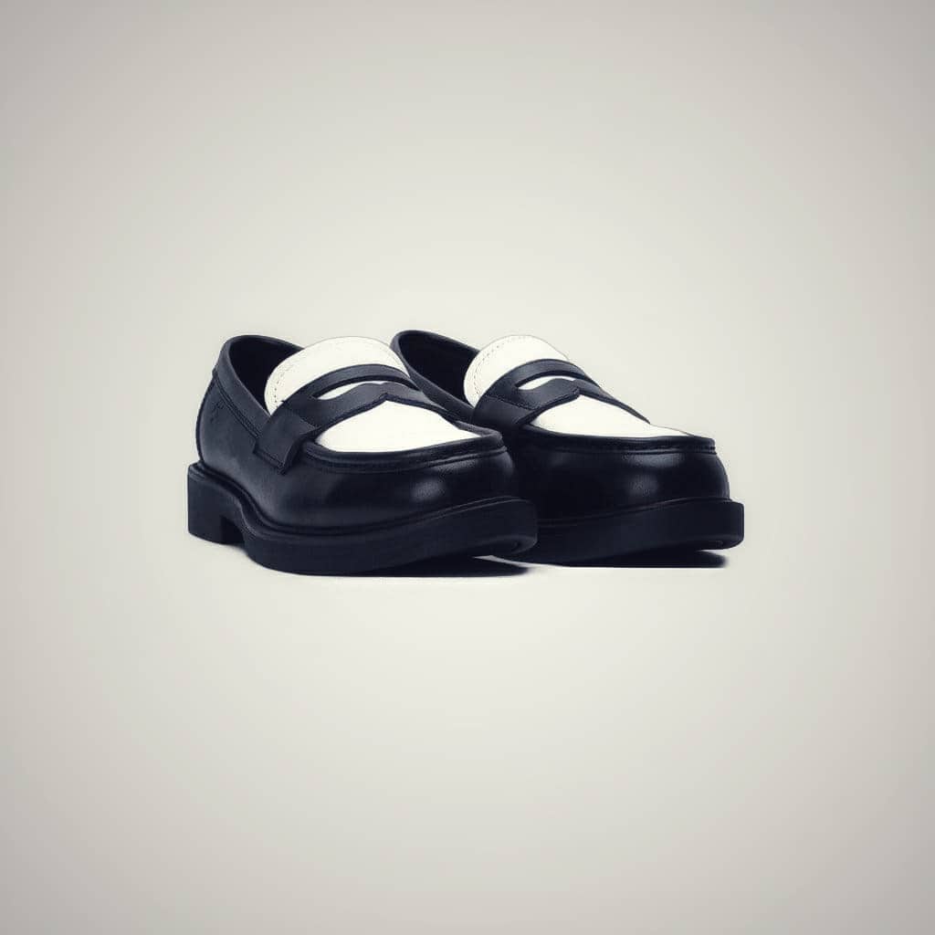 Giày Penny Loafer STEEL MAN phối màu trắng đen thời trang chất liệu đen trơn đế cao su đúc 3cm