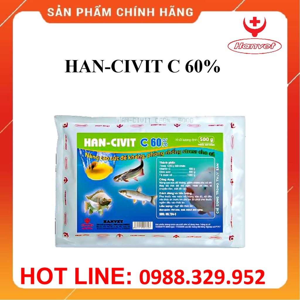 Hanvet HAN-CIVIT C 60% (Gói 1KG) Bổ sung vitamin C tăng đề kháng, chống stress cho cá