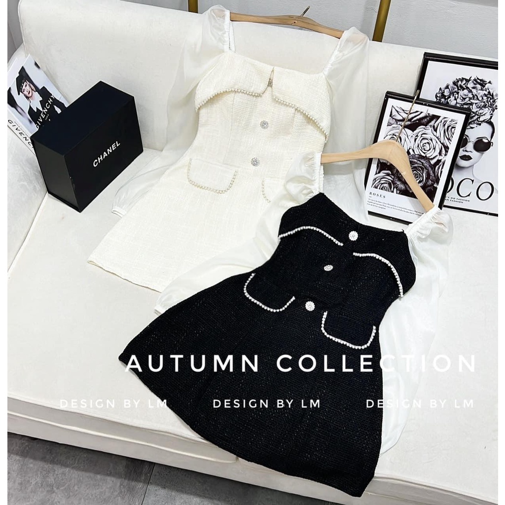 Đầm dự tiệc - Set váy dạ nữ tay voan bồng - Váy chữ A siêu sang