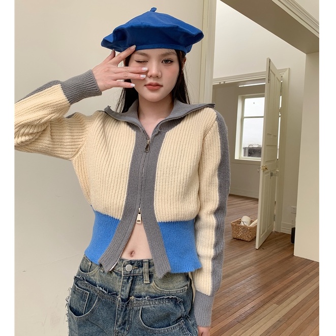 QKOOLE  Áo Khoác Nữ Dài Tay Có Khóa Kéo Thời Trang Hàn Quốc