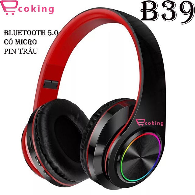 Tai nghe cute bluetooth 5.0 B39 ECOKING,có micro trò chuyện,đèn led,đài FM,ổ cắm thẻ nhớ, bas chất lượng pin trâu sd 8h