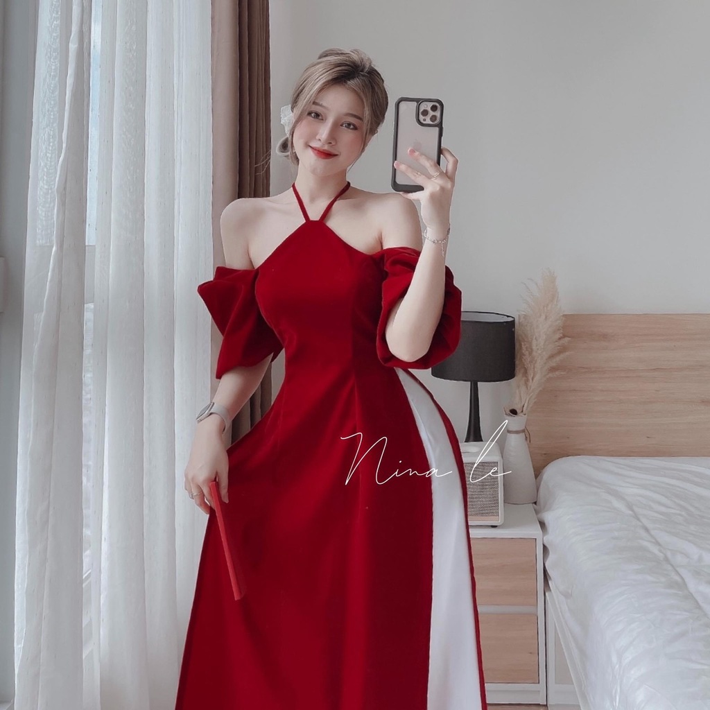 B624- SET ÁO DÀI ĐỎ CÁCH ĐIỆU KHOÉT VAI BUỘC DÂY
