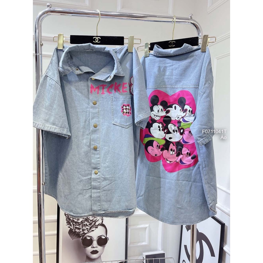 Áo sơ mi jean phối hình mickey một túi tay con!