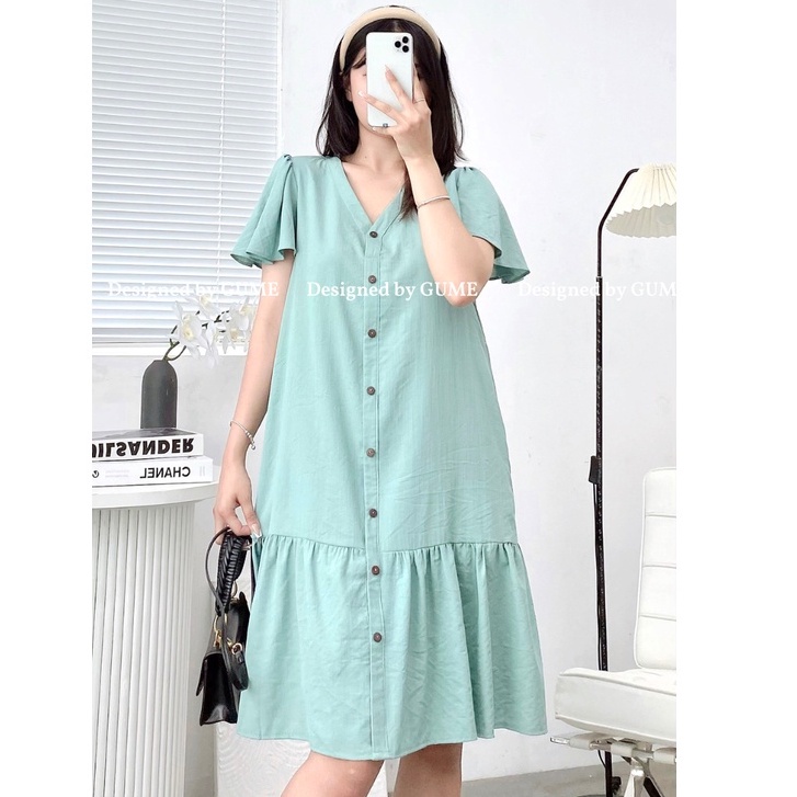 Váy bầu bigsize -Đầm bầu thiết kế GuMe VÁY ĐŨI HÀN TAY CHUÔNG ĐUÔI CÁ CỔ TIM 2 MÀU SIÊU XINH GM026