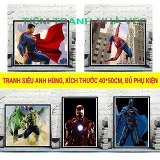 Tranh tô màu theo số, tranh siêu anh hùng, tranh iron man, hulk, người nhện, superman, kt 40x50cm, có khung, đủ phụ kiện