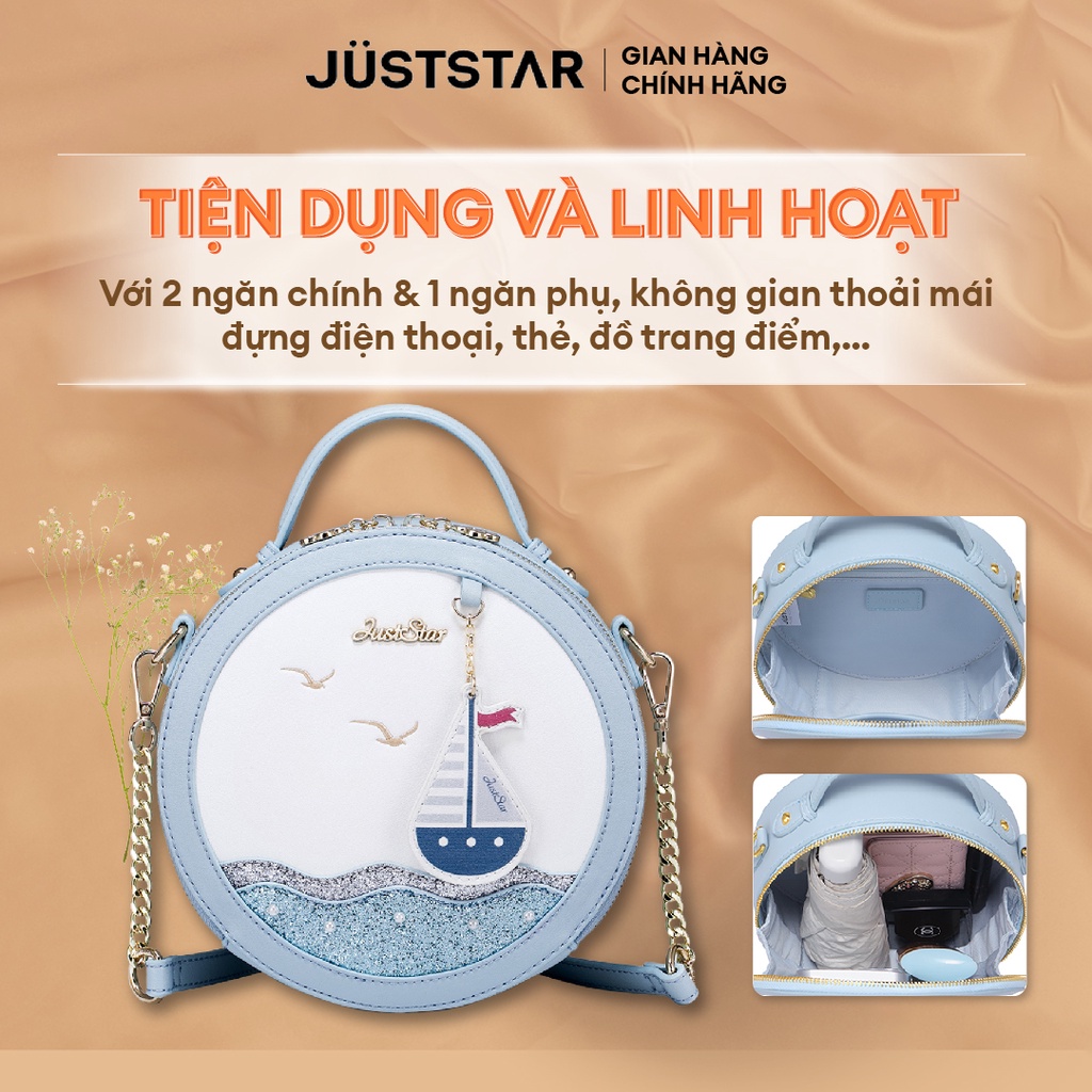 Túi Xách Nữ Tròn Đeo Vai JUST STAR DU171277-06 - Thêu Biển Xanh, Thiết Kế Có Quai Xách, Nhiều Ngăn Đựng Đồ, Đi Làm