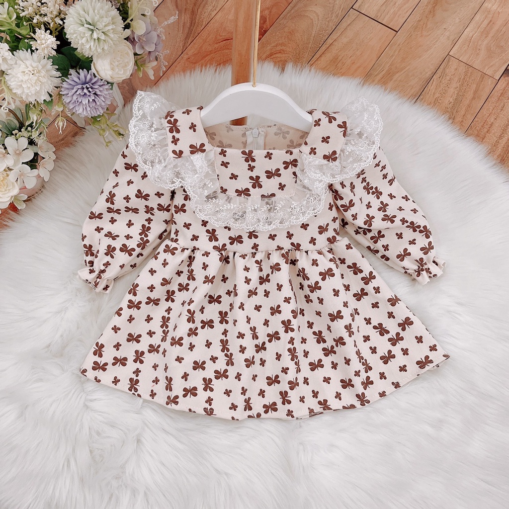 Váy thu đông cho bé gái từ 8-32kg chất nhung họa tiết hoa nâu kèm ren ngực