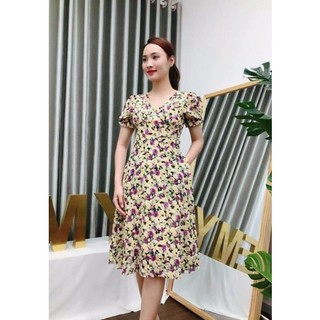 Đầm xoè hoa nhí dáng midi mùa xuân hoạ tiết tím vàng có lớp lót và túi