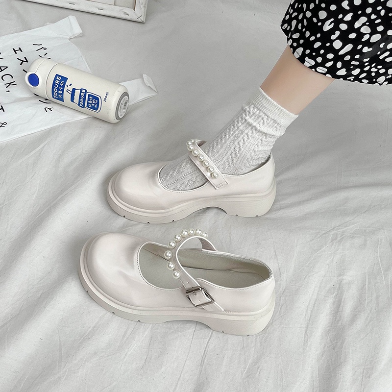 Ielgy Giày Tây Mũi Tròn Đế Dày Đính Ngọc Trai Giả Phong Cách Anh Quốc Cho Nữ