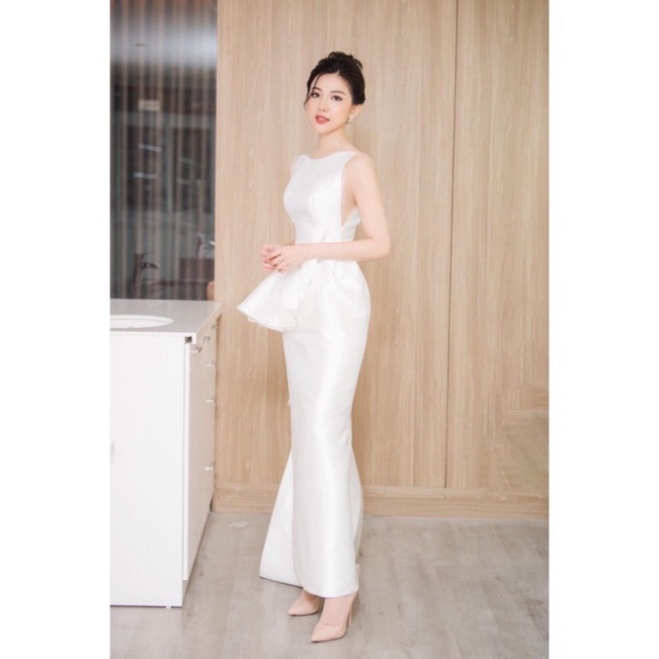🔥𝓠𝓾ả𝓷𝓰 𝓒𝓱â𝓾 CAO CẤP🔥 Đầm dạ hội kiểu cổ thuyền sát nách bèo eo nơ eo màu trắng cam vải phi ép ren ladyvin