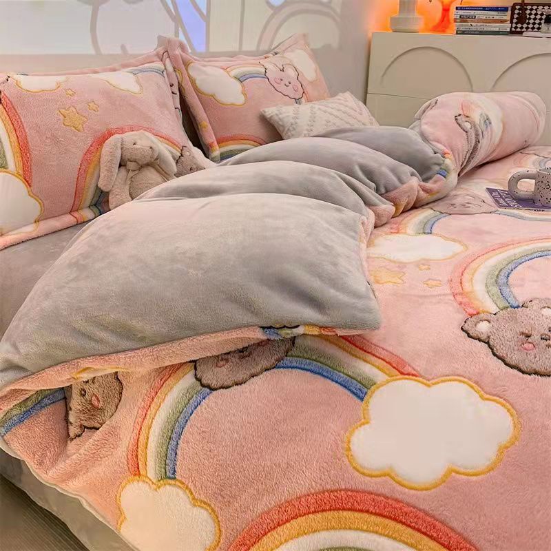 Bộ Chăn Ga Và Vỏ Gối Lông Cừu San Hô Dày Dặn Ấm Áp Kích Thước 150 180 220X240CM