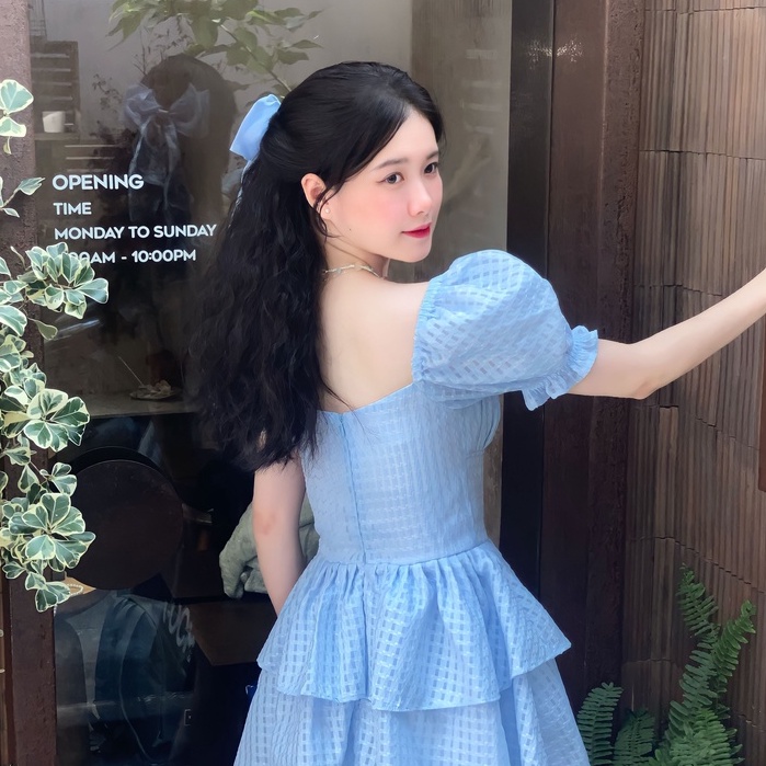 Đầm xoè SheByShj 2 tầng tay phồng màu xanh dương - BLue Dahlia Dress