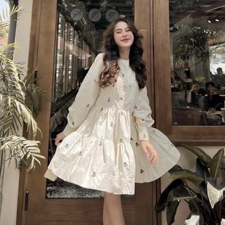 Váy babydoll vintage họa tiết hoa nhí xếp ly dáng ngắn