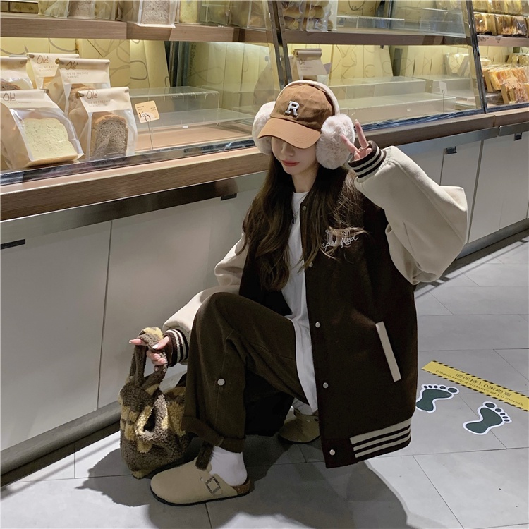 ZHELIHANGFEI Áo Khoác Bóng Chày Tay Dài Form Rộng Theo Phong Cách Retro Kiểu Mỹ Dễ Phối Đồ