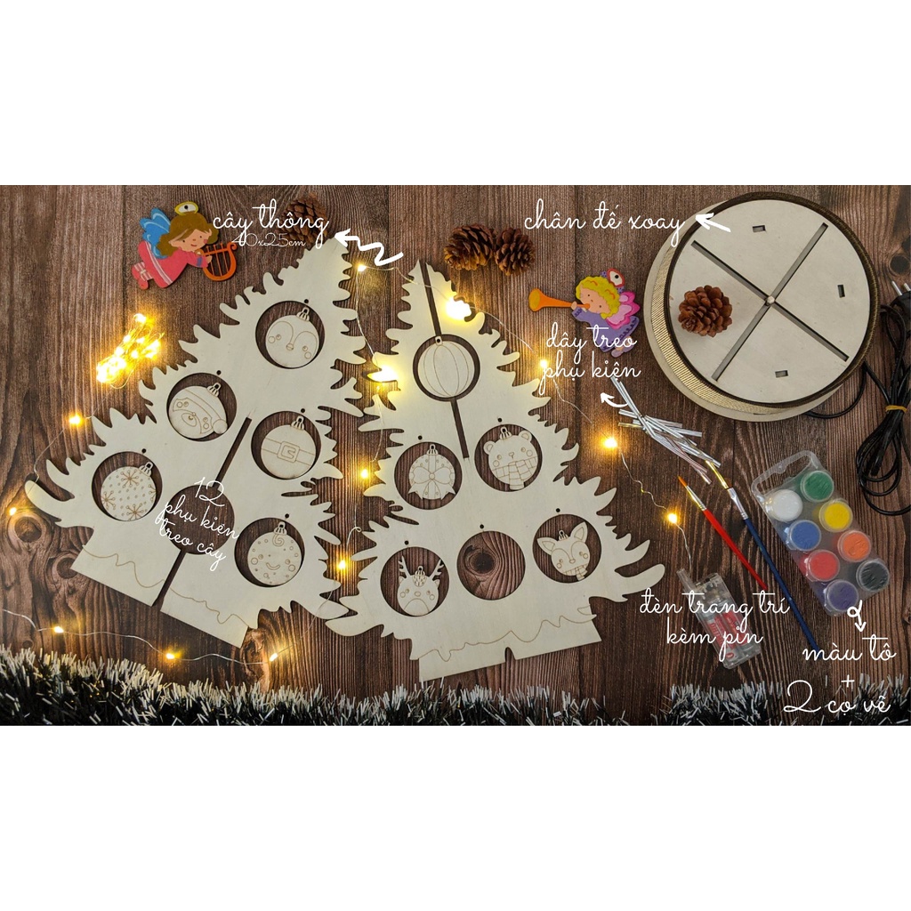 Cây thông DIY để bàn kèm phụ kiện và chân đế xoay