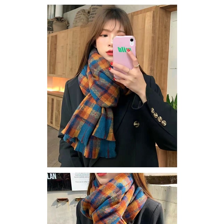 Khăn Choàng Cổ Dệt Kim Dày Dặn Họa Tiết Kẻ Sọc Kiểu Retro Hàn Quốc Thời Trang Thu Đông Cho Nữ