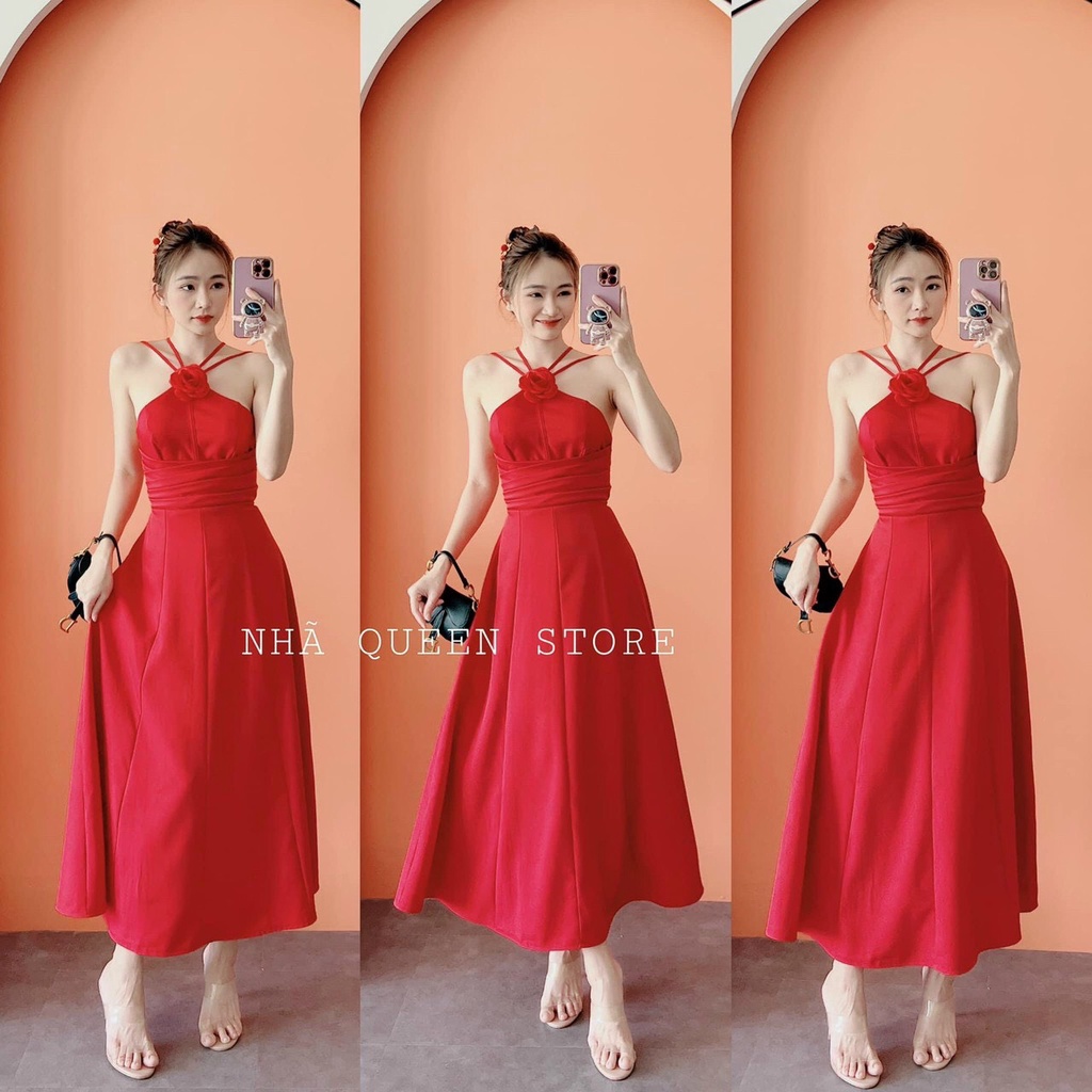 Đầm Váy Nữ Cổ Đan Dây Kết Bông Hoa Xếp Ly Eo  Thiết Kế Sang Chảnh Đi Làm Công Sở, Dạ Hội Và Du Lịch
