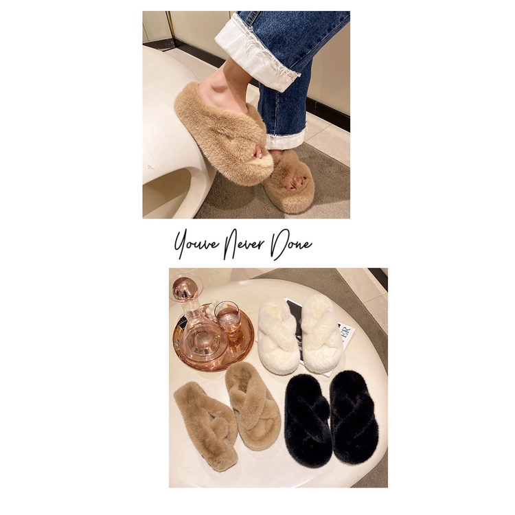 Dép Bông Đi Trong Nhà Đế Dày 5cm/4cm Phối Lông Nhung Thời Trang Thu Đông Mới Cho Nữ