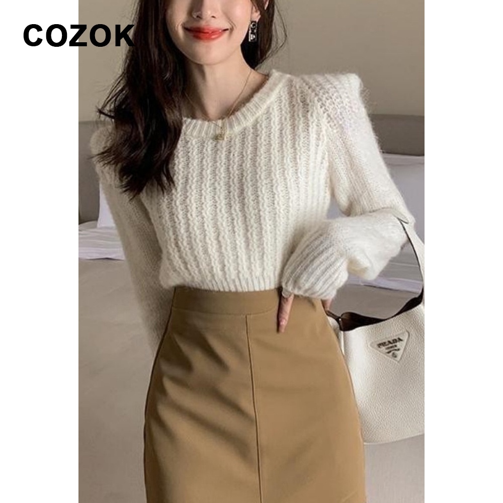 Áo Len Tay Dài Cổ Tròn Màu Trơn Phong Cách Hàn Quốc Dành Cho Nữ