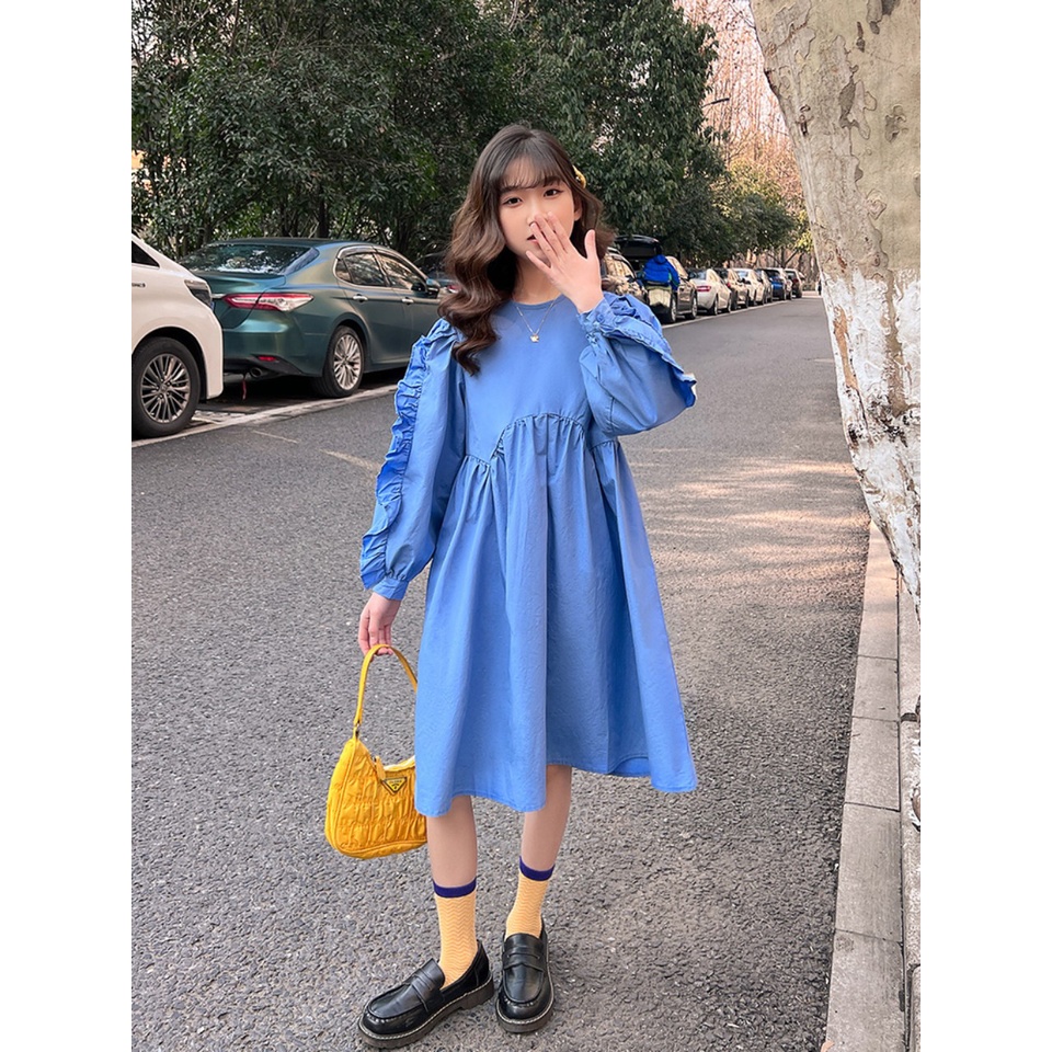 Váy xòe màu xanh dài tay thu đông bé gái lớn. Size đại đầm trẻ em 6, 7, 8, 10, 11, 12, 13, 14, 15 tuổi