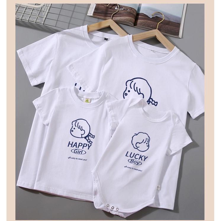 Áo gia đình HappyFamily - Đồ gia đình Họa Tiết Chibi Xinh Xắn Lucky Boy,Happy Girl chất Cotton 100% màu Trắng