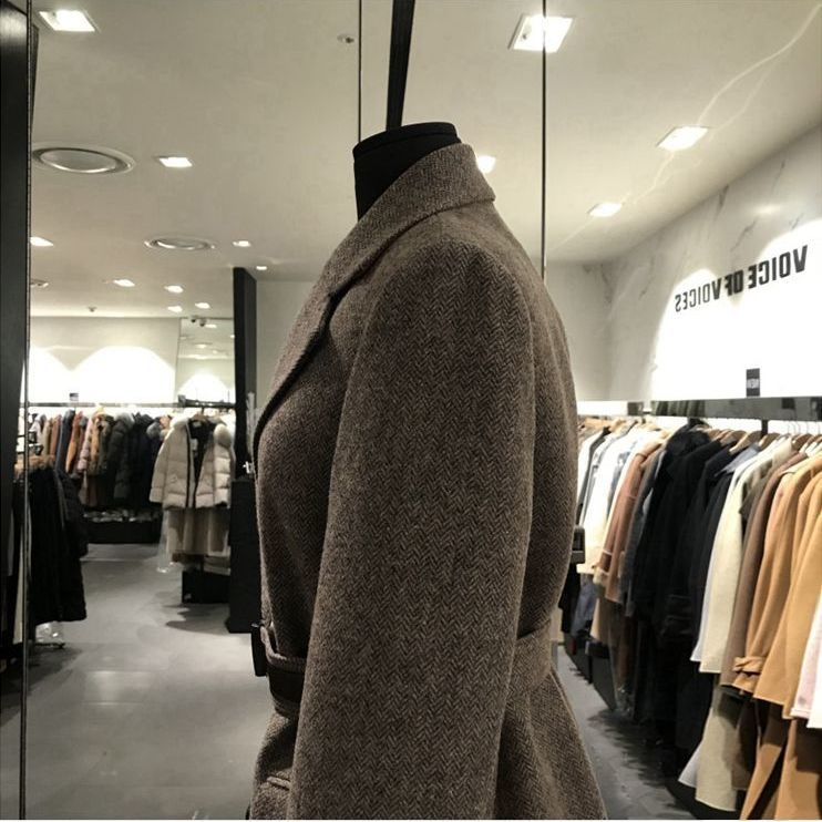 Áo Khoác Blazer Len Eo Cao Buộc Dây Họa Tiết Xương Cá Phong Cách Hàn Quốc Thời Trang Thu Đông 2022 Mới