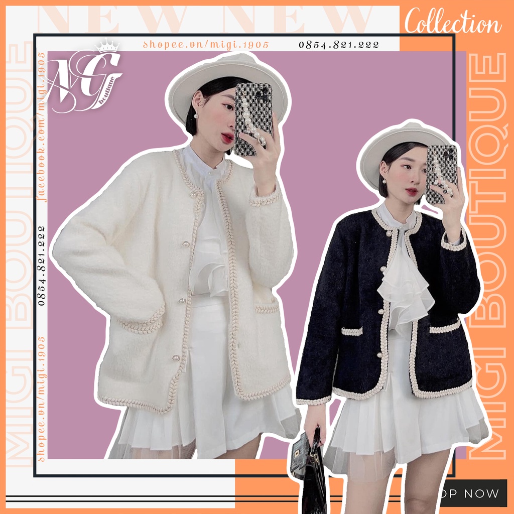Áo Lông Viền Dây Dạ Tweed Túi Hông, Áo Khoác Lông Cừu Nữ Phong Cách Hàn Quốc [Ảnh video Shop]