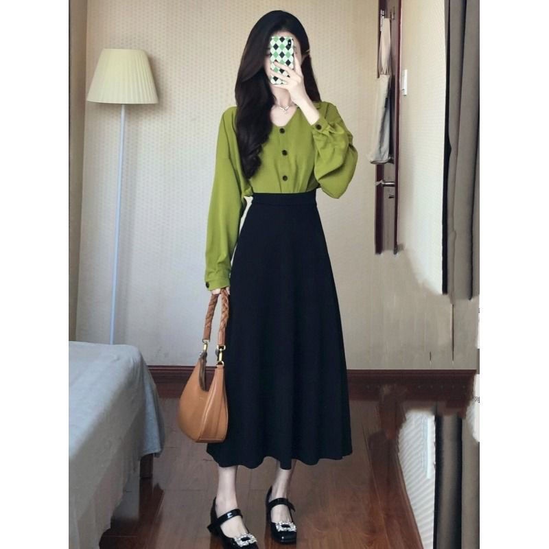 Chân váy nữ Set Áo Sơ Mi Dài Tay Kèm Chân Váy Lưng Cao Phong Cách Pháp Thời Trang Mùa Thu Mới Cho Nữ
