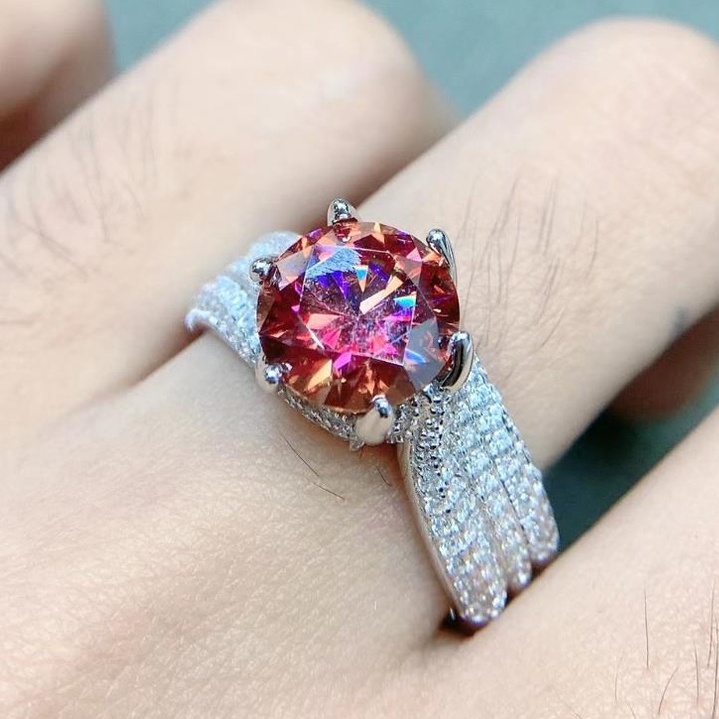 Kim Cương Nhân Tạo Moissanite Nhẫn nữ S925 bạc tinh khiết (9mm)3 carat màu đỏ Mosan đá có thể vượt qua bút kim cương với giấy chứng nhận nhẫn sang trọng