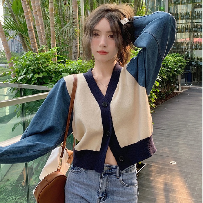 ZHELIHANGFEI Áo Cardigan Dệt Kim Tay Dài Cổ Chữ V Lưng Cao Kiểu Retro Pháp Dễ Phối Đồ