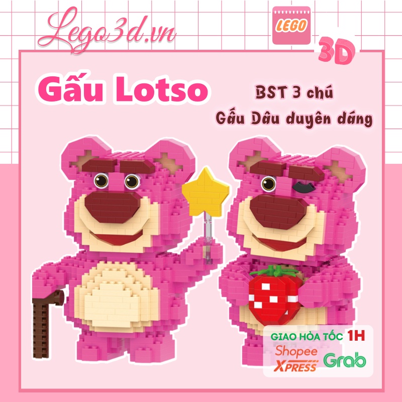 Mô hình lắp ráp Gấu Dâu Combo 3 mẫu Gấu Lotso Disney đáng yêu làm quà tặng trang trí Decor - LEGO3D.VN