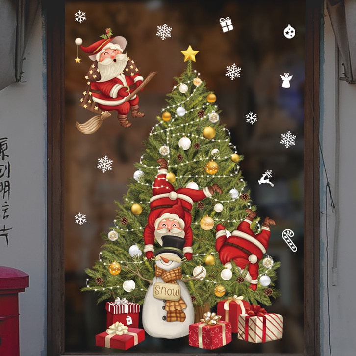 Decal trang trí Noel - Cây thông khổng lồ và 3 ông già noel