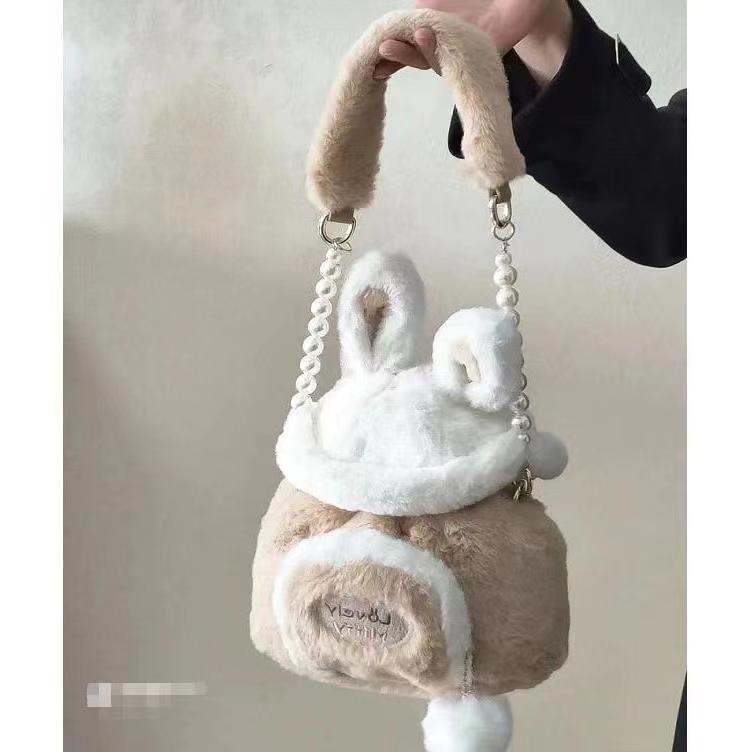 Túi Đeo Chéo Hình Thỏ Lông Xù Phối Nút Nam Châm Màu Macaron Dễ Thương Thời Trang Cho Bạn Gái
