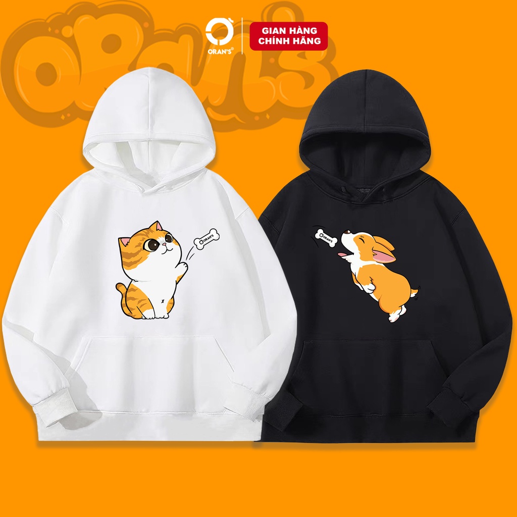 Áo Hoodie đôi in hình chó mèo ném xương 4 màu chất nỉ cotton lót bông cao cấp form rộng unisex - ORAN'S HOODIE COUPLE 11