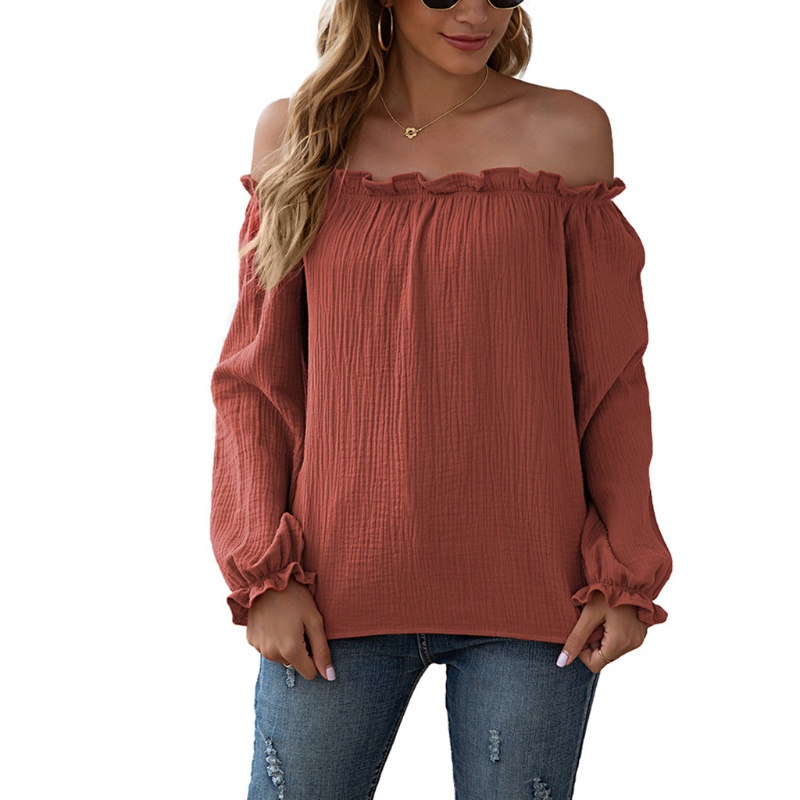 Áo Thun Tay Dài Cổ Tròn Hở Vai Dáng Rộng Màu Khối Thời Trang Quyến Rũ Cho Nữ