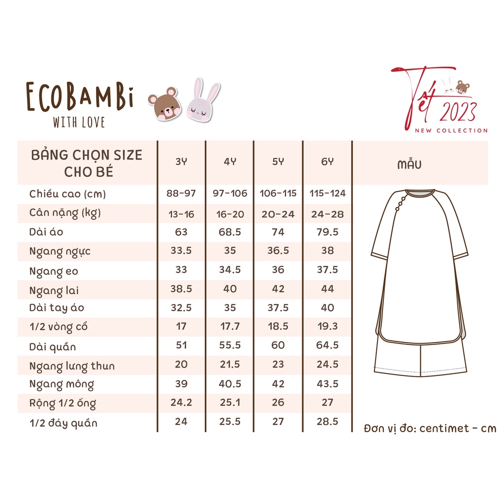 Set áo dài Tết cách tân, thiết kế với phong cách Vintage cho bé gái chất liệu linen cao cấp in hoa Ecobambi